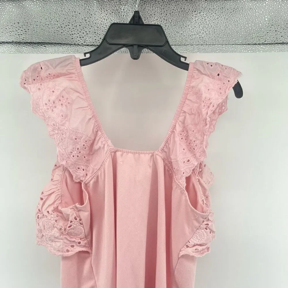 Poof Girl Pink Eyelet Ruffle Trim Sleeveless Cotton Blend Top - Small